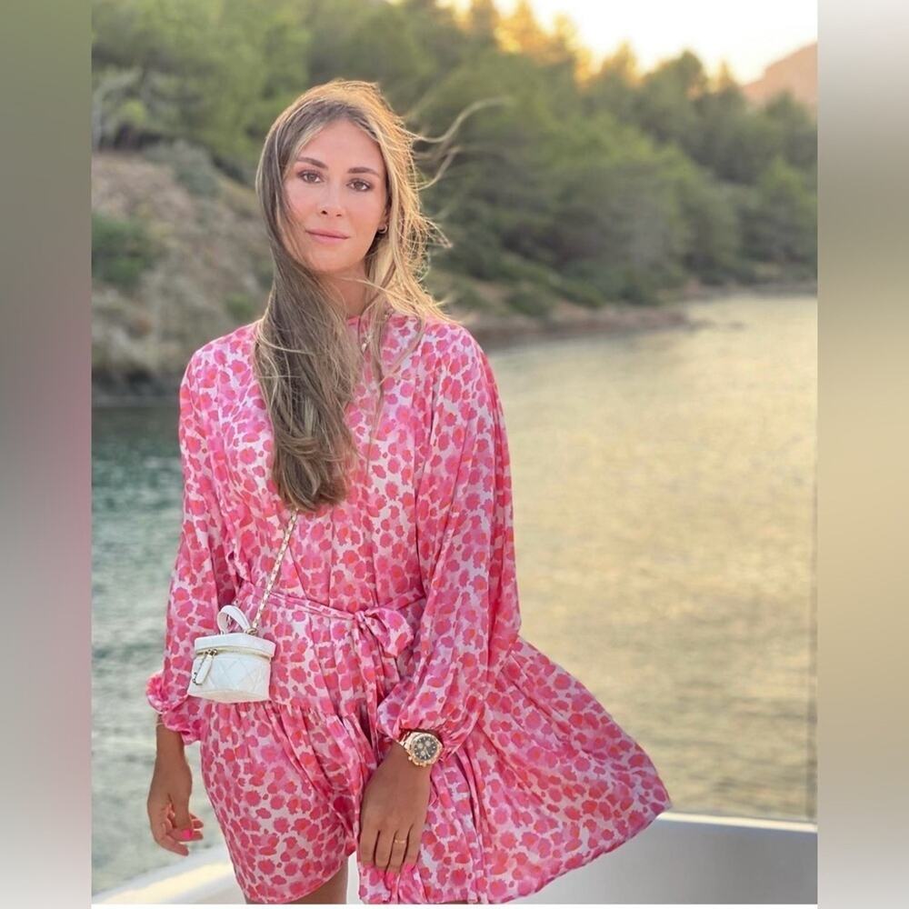 Selmacilek Floral Printed Long Sleeve Mini Dress Pink Small